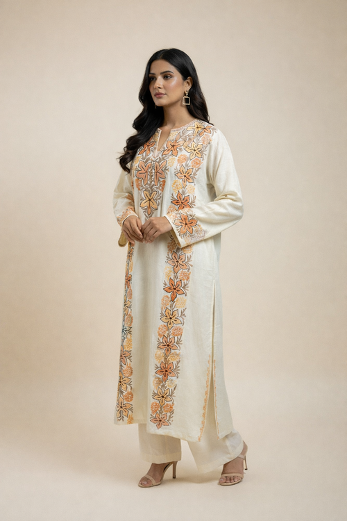 Ivory Hand-Embroidered Kashmiri Pheran with Floral Motifs